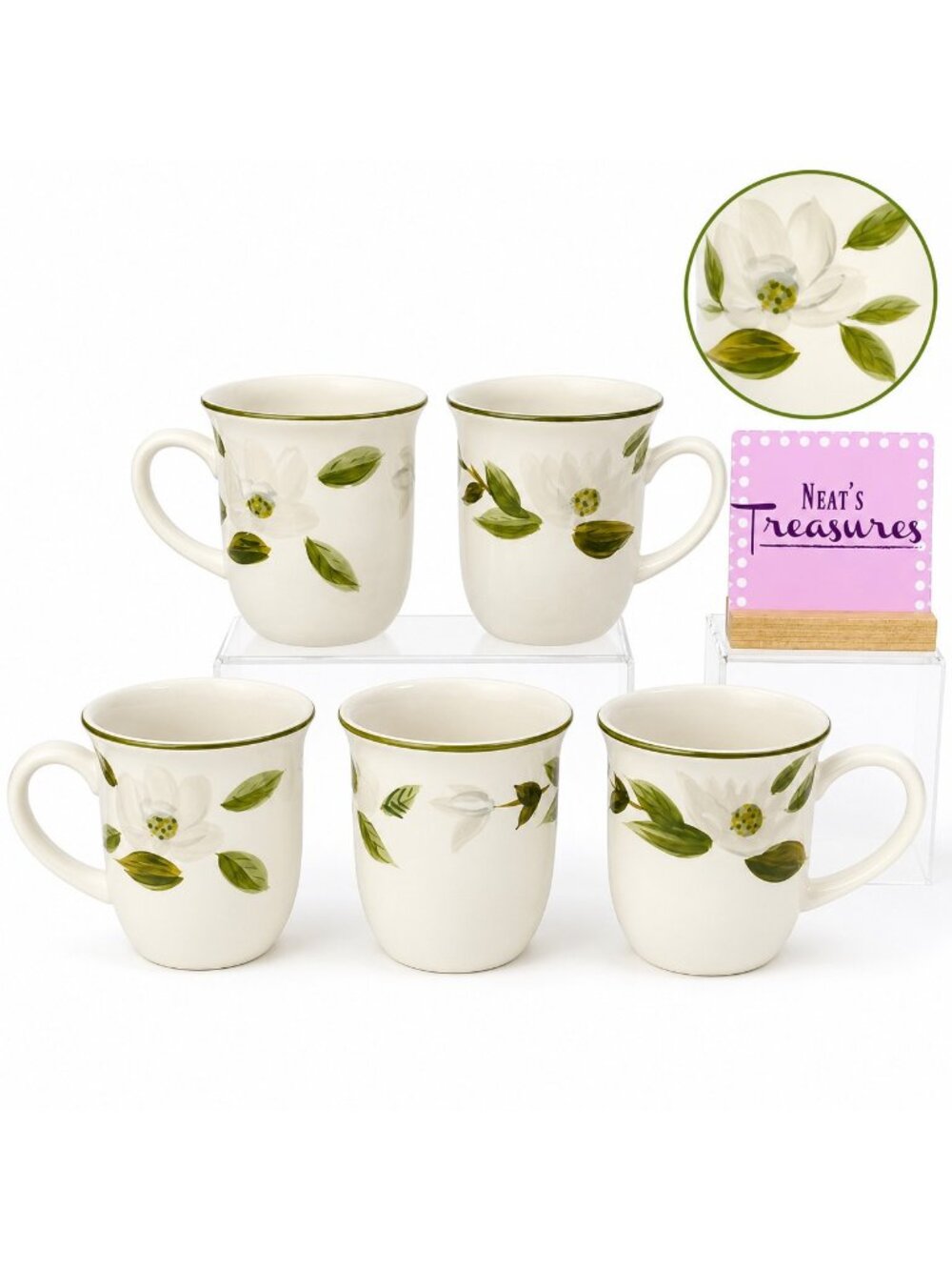Gibson MARIANNA White Magnolia Flowers Green Stoneware 15 oz Cups Mugs Set of 5
